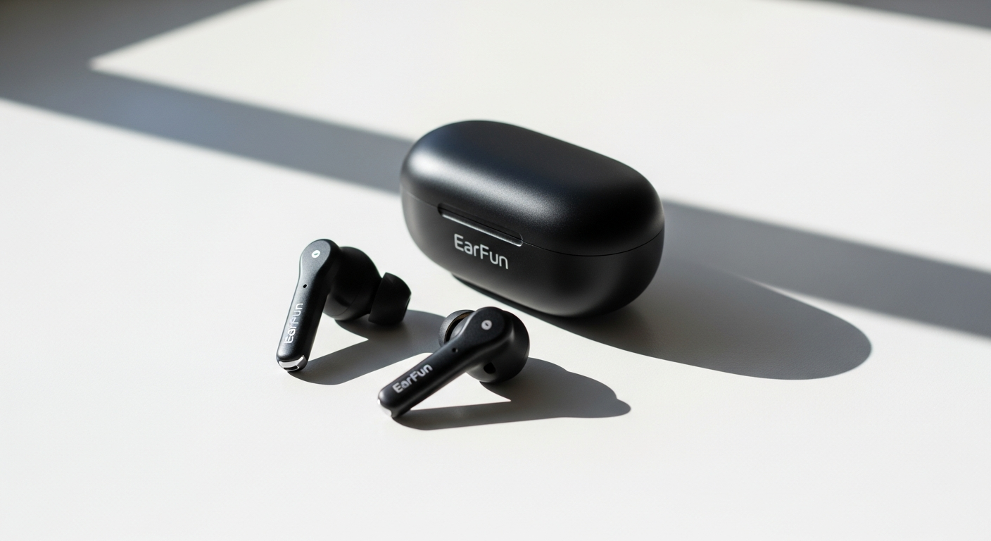 EarFun Air Pro 4+ Hi-Res Adaptive ANC earbuds with charging case displayed on white background