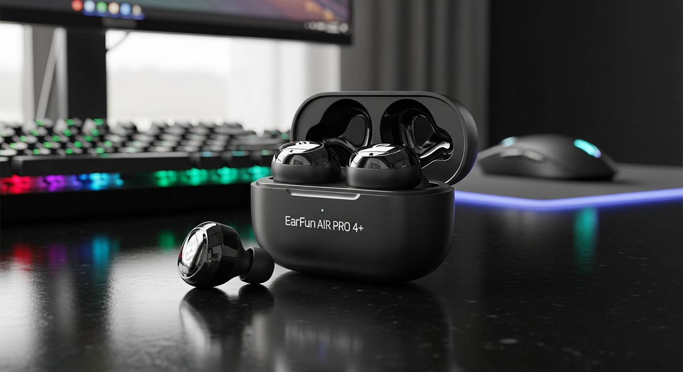 EarFun Air Pro 4+ Hi-Res ANC gaming earbuds with charging case displayed on gaming desk setup