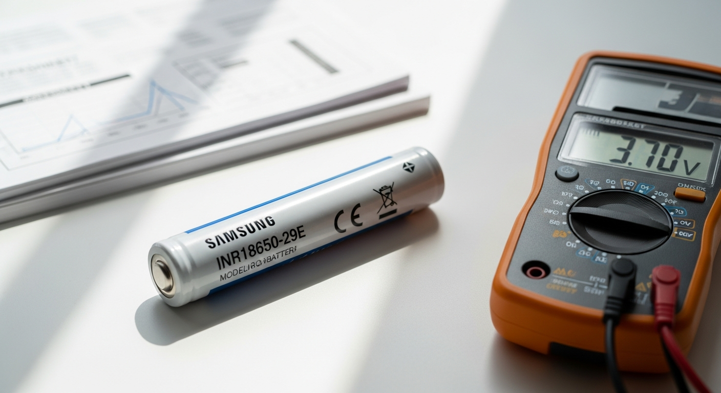Samsung INR18650-29E 2850mAh lithium-ion battery cell with flat-top design and specifications