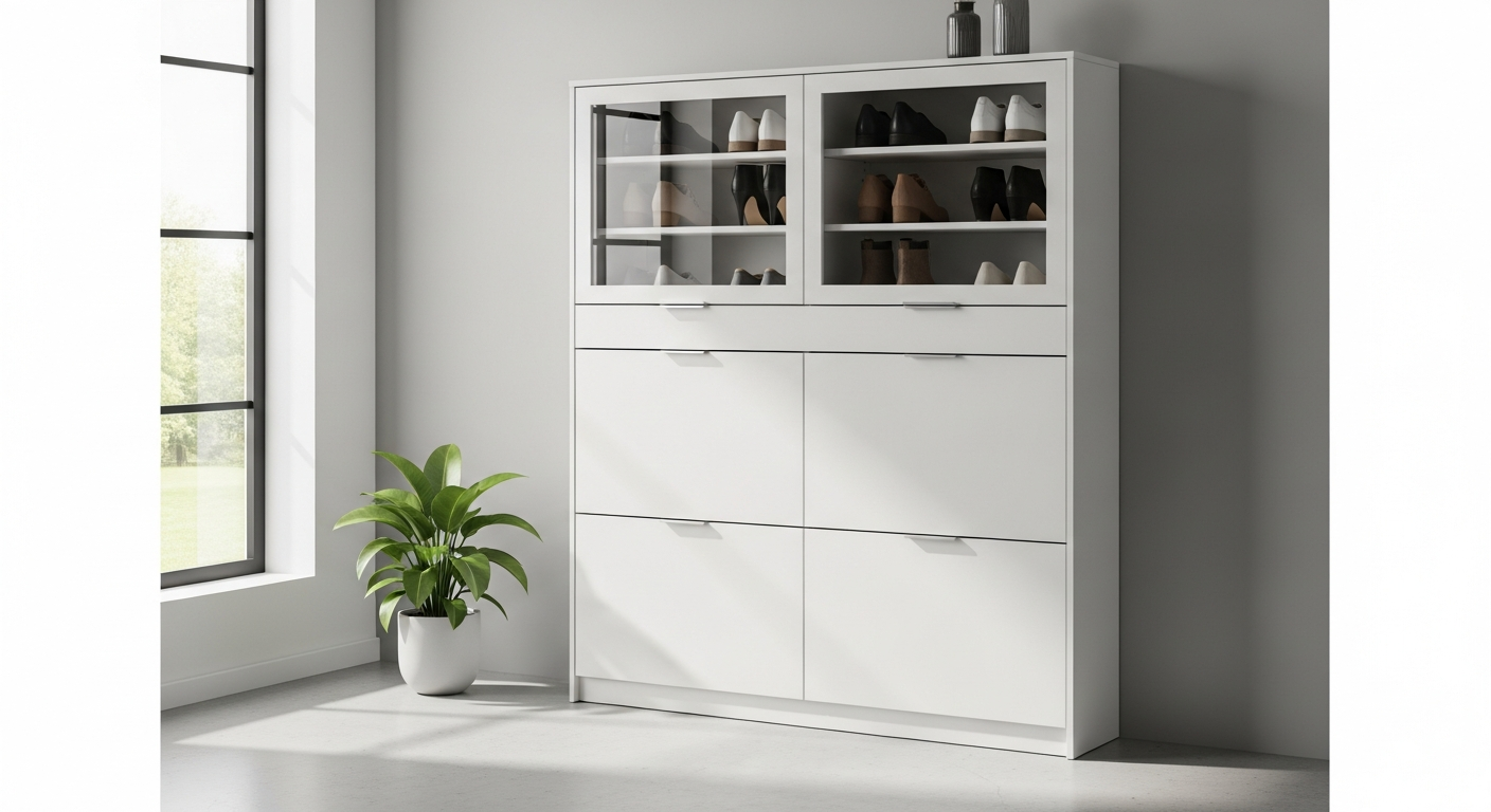 White shoe cabinet K034 displayed in modern entryway with organized footwear storage