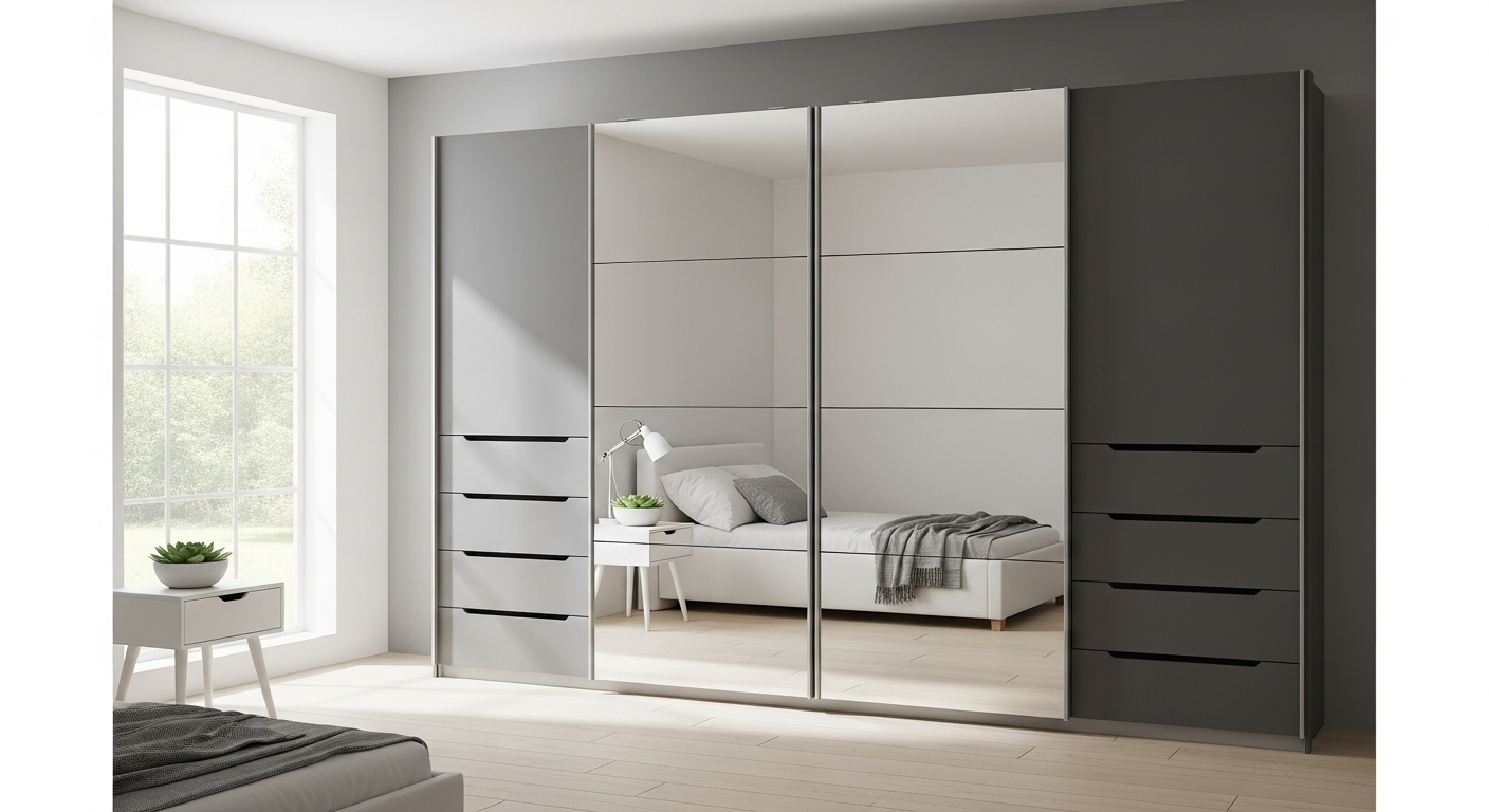 Modern white gloss sliding wardrobe with mirror and internal drawers in contemporary bedroom