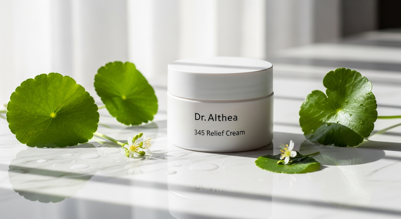 Dr. Althea 345 Relief Cream jar displayed with fresh botanical ingredients and dewy skin texture background