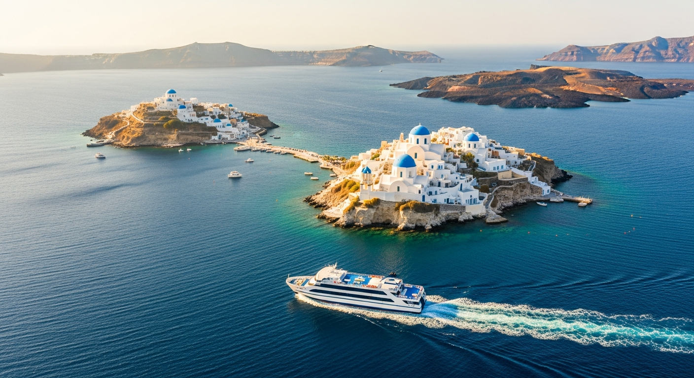 Aerial view of three Greek Cyclades islands with turquoise waters and white buildings