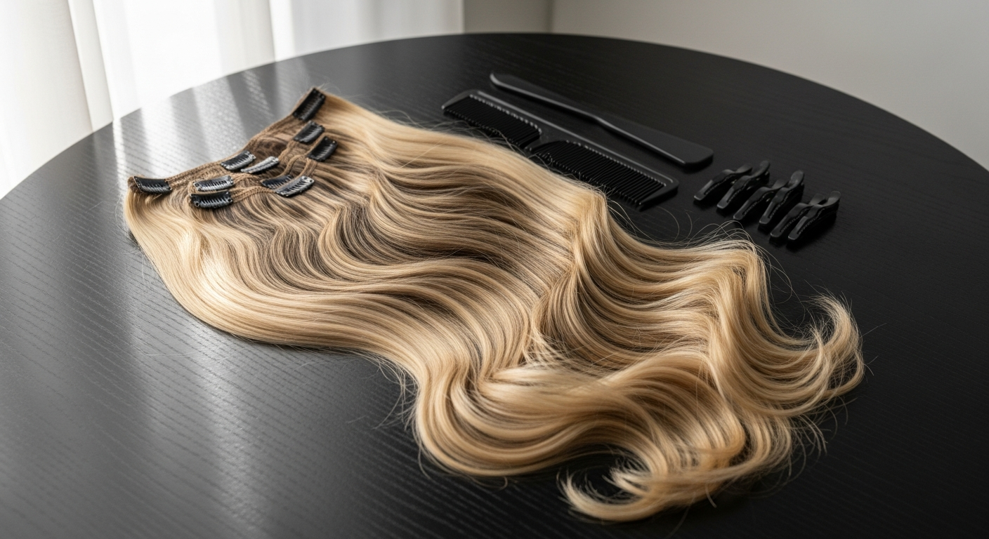 Foxy Locks seamless clip-in hair extensions displayed with Remy human hair samples