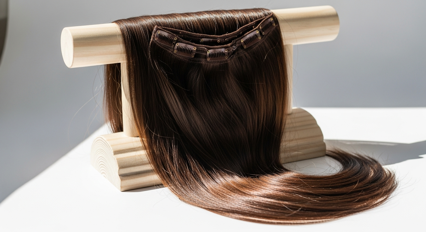 Foxy Locks seamless clip-in Remy human hair extensions in chocolate shade displayed on mannequin head