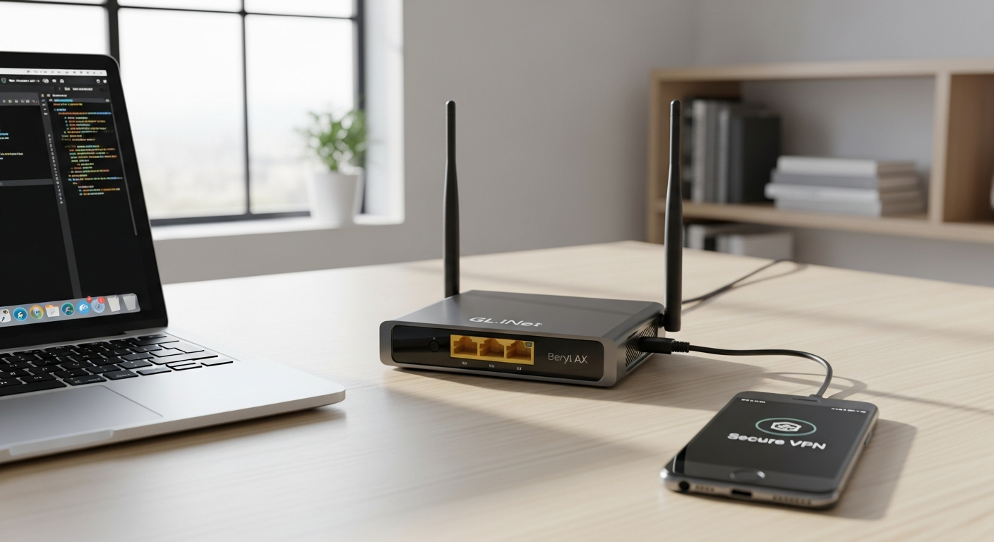 GL.iNet Beryl AX Wi-Fi 6 travel router displayed with laptop and mobile devices