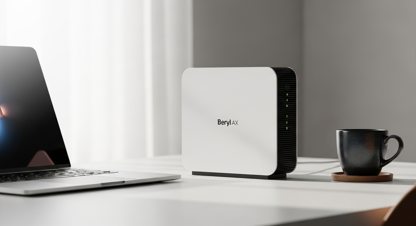 GL.iNet Beryl AX Wi-Fi 6 travel router with retractable antennas displayed on desk