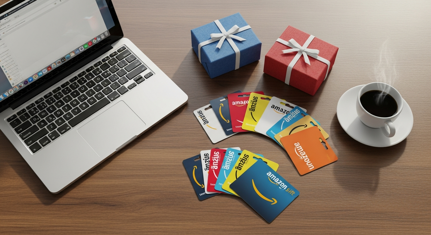 Amazon digital gift card displayed on smartphone screen with colorful shopping icons