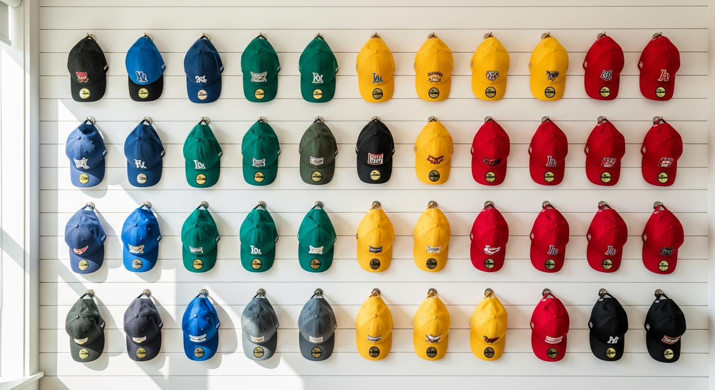 Adhesive baseball cap wall hanger hooks mounted on white drywall wall
