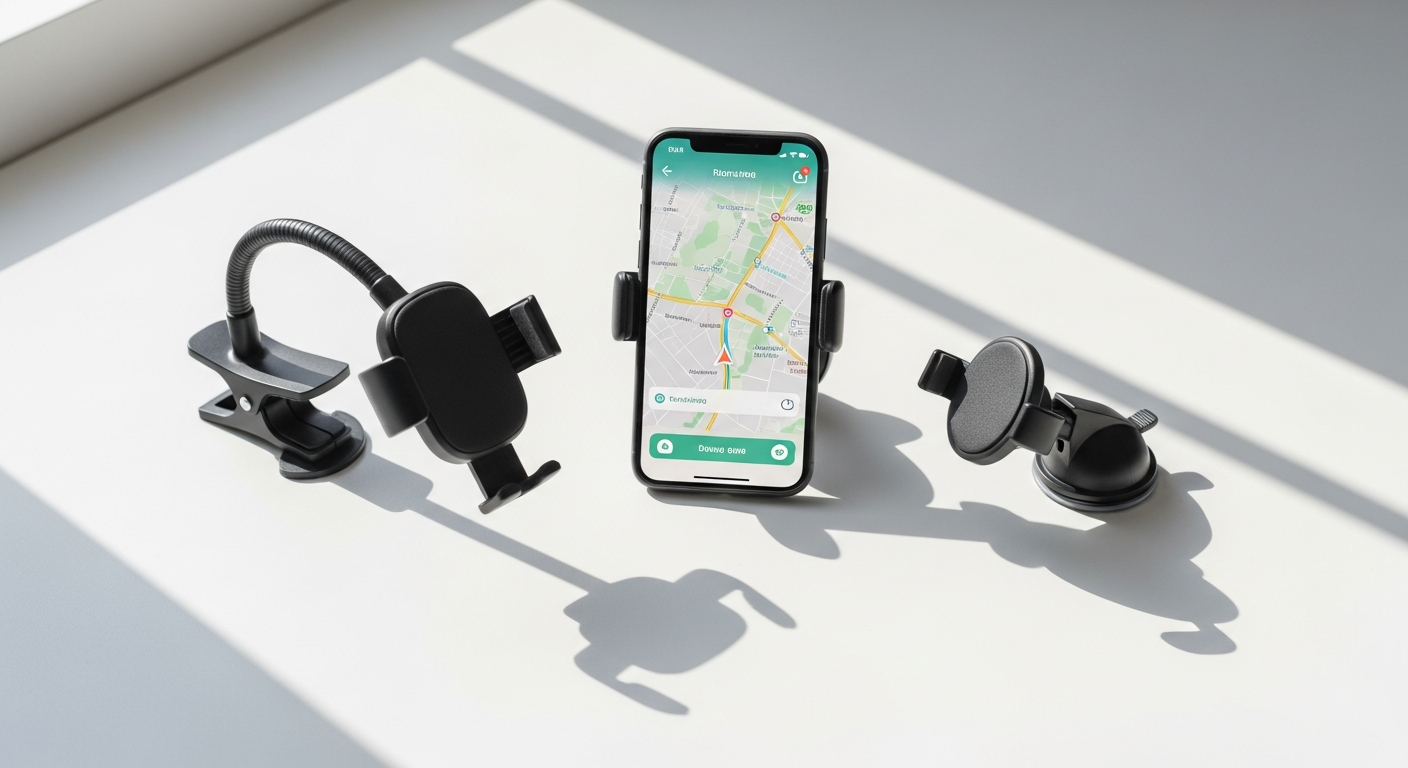 Universal car phone holder mount displayed on vehicle dashboard with smartphone secured