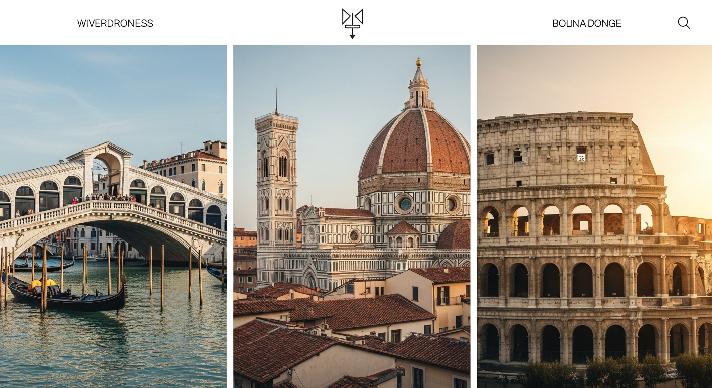 Venice canals with gondolas, Florence Renaissance architecture, and Rome ancient ruins collage