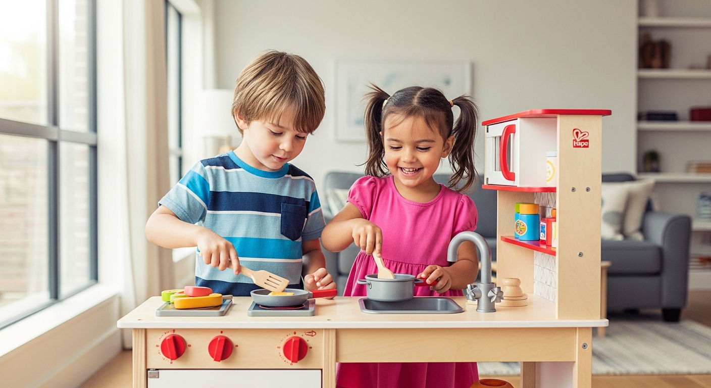 Hape Gourmet Wooden Play Kitchen Set with multiple children playing together collaboratively