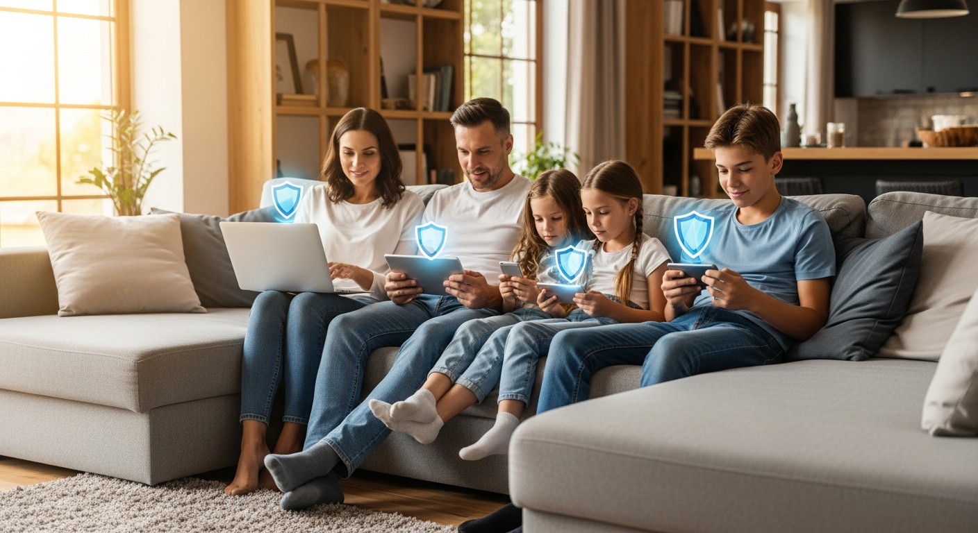 Family using multiple devices including laptop, smartphone, and tablet with security protection