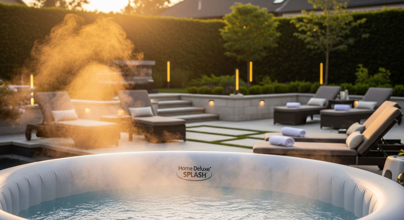 Home Deluxe SPLASH inflatable whirlpool with jets and heating system in garden setting
