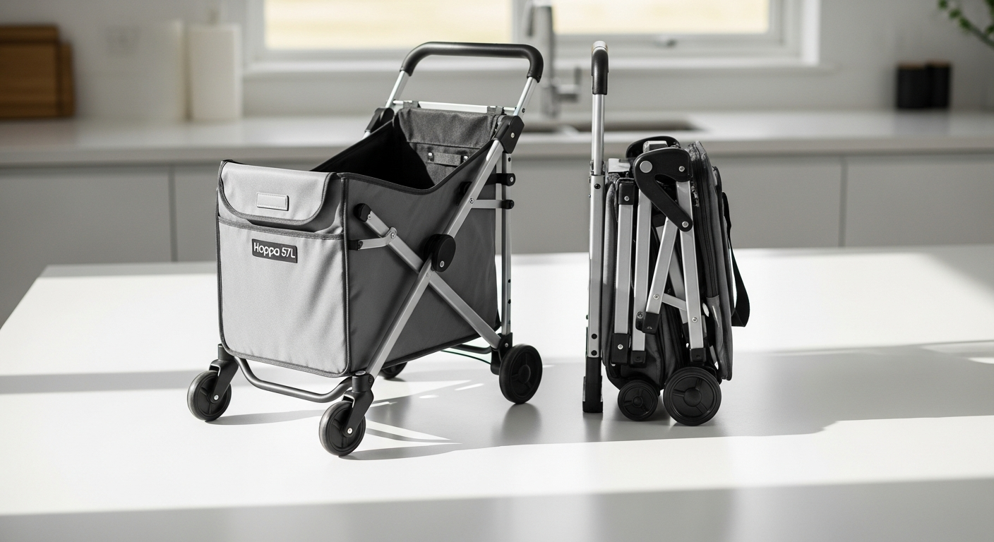 Hoppa 57L lightweight foldable shopping trolley in compact folded position