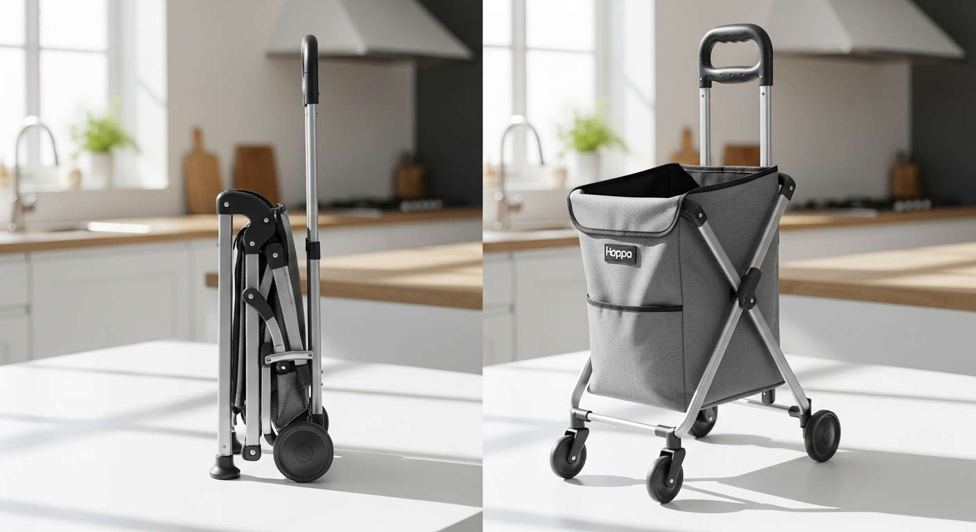 Hoppa 57L lightweight foldable shopping trolley with wheels and zipped pocket