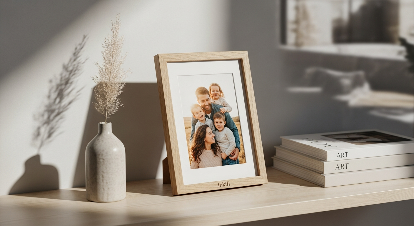 Inkifi Classic Photo Frame displaying multiple customized family photos on white wall