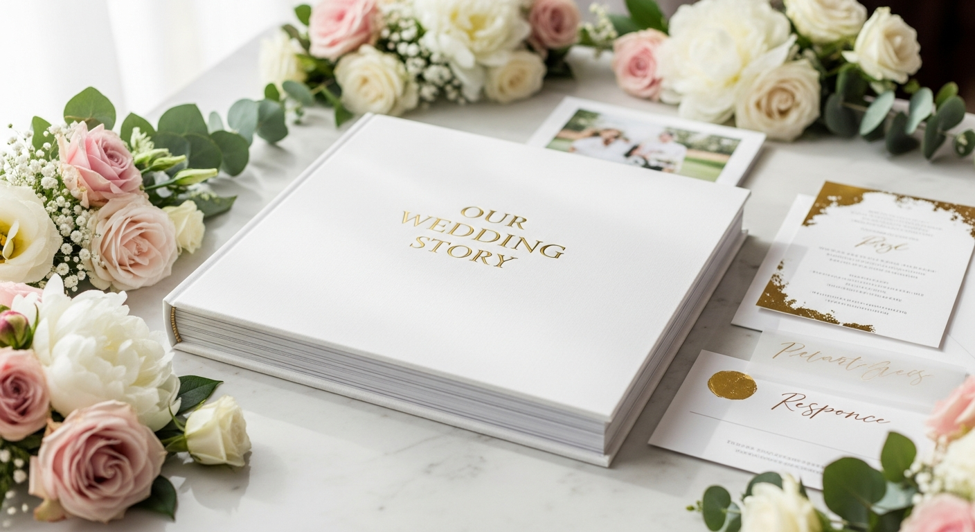 Luxury linen wedding album with gold hot stamping displayed on white surface