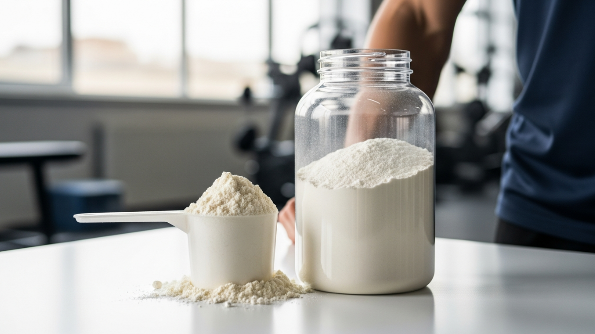 Bulk Pure Whey Protein Powder container with scoop and nutritional information displayed
