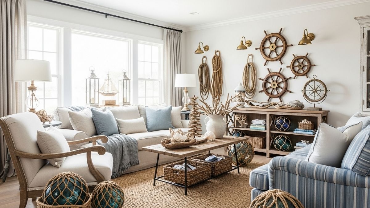 Authentic seaside maritime home decor accents and nautical pieces displayed together