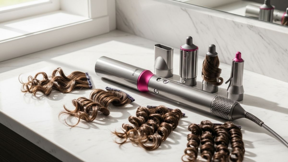 Dyson Airwrap Multi-Styler hair styling tool with multiple barrel attachments displayed