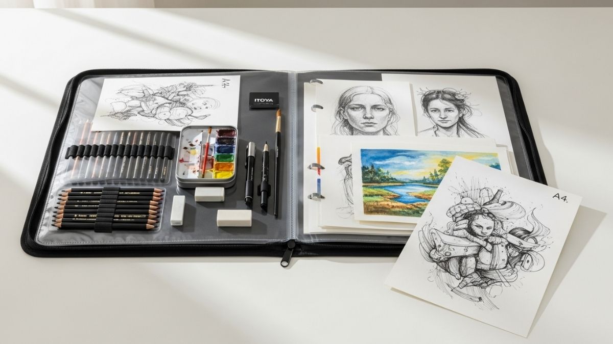 Itoya Original Art Profolio Presentation Book displayed open showing crystal-clear PolyGlass sheets and archival construction
