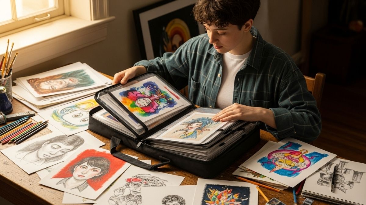 Itoya Art Profolio presentation book displaying organized student artwork pages professionally