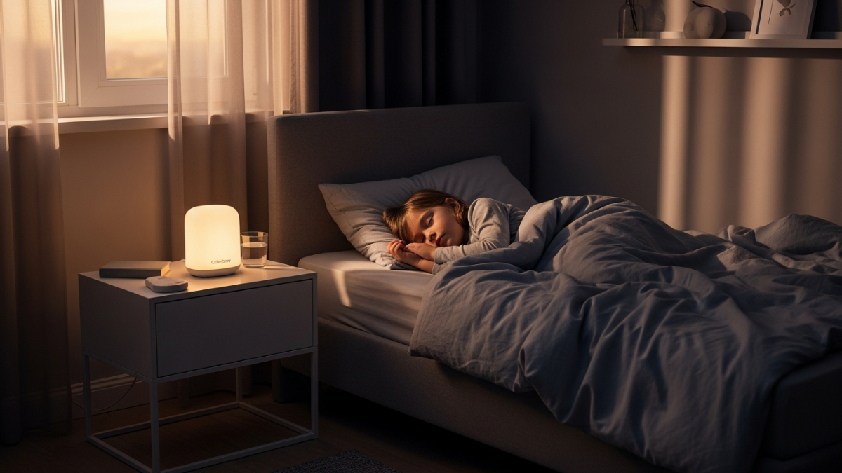 CalmCarry anxiety sleep relief device in child's hand during bedtime routine