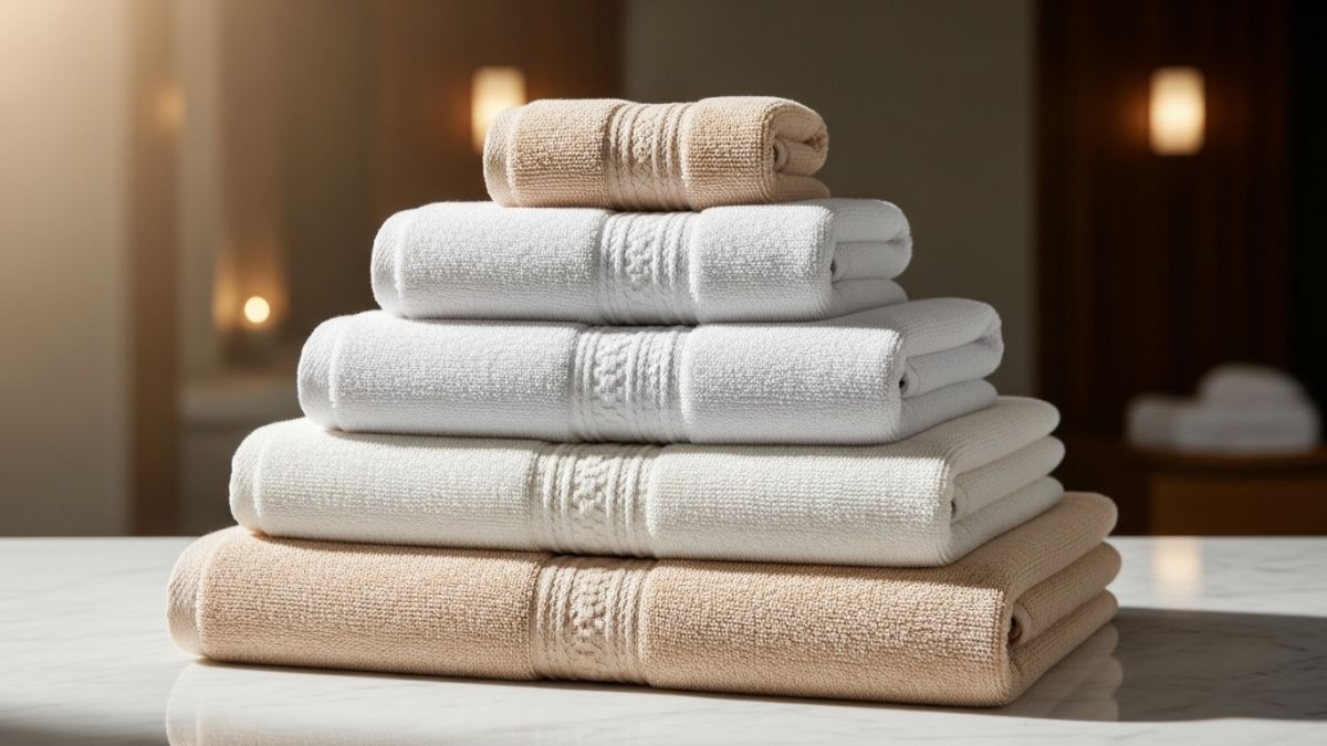 Luxury hotel bathroom with premium soft cotton towel sets displayed elegantly
