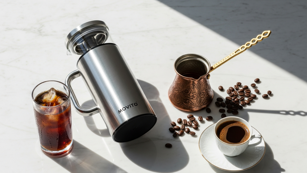 Movito Organic Coffee Blend package with cold brew and Turkish coffee brewing equipment
