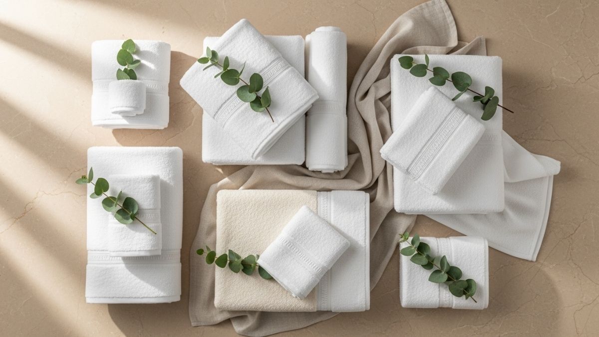 Premium Baumwoll Handtuch Set in luxuriöser Badezimmer-Umgebung mit eleganter Ausstattung
