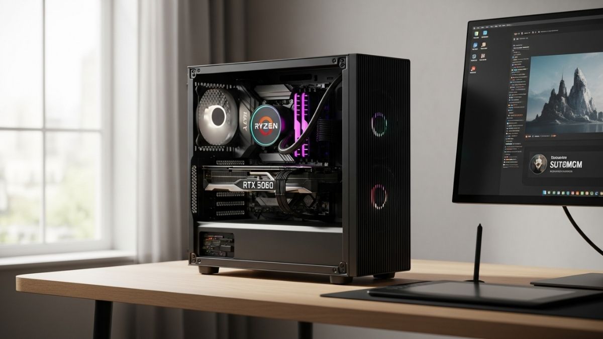 PcCom Ready Gaming PC with Ryzen 7 5800X and RTX 5060 graphics card displayed