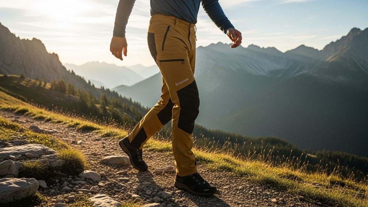 8848 Perth M outdoor pants in black displayed on hiking trail with mountain backdrop