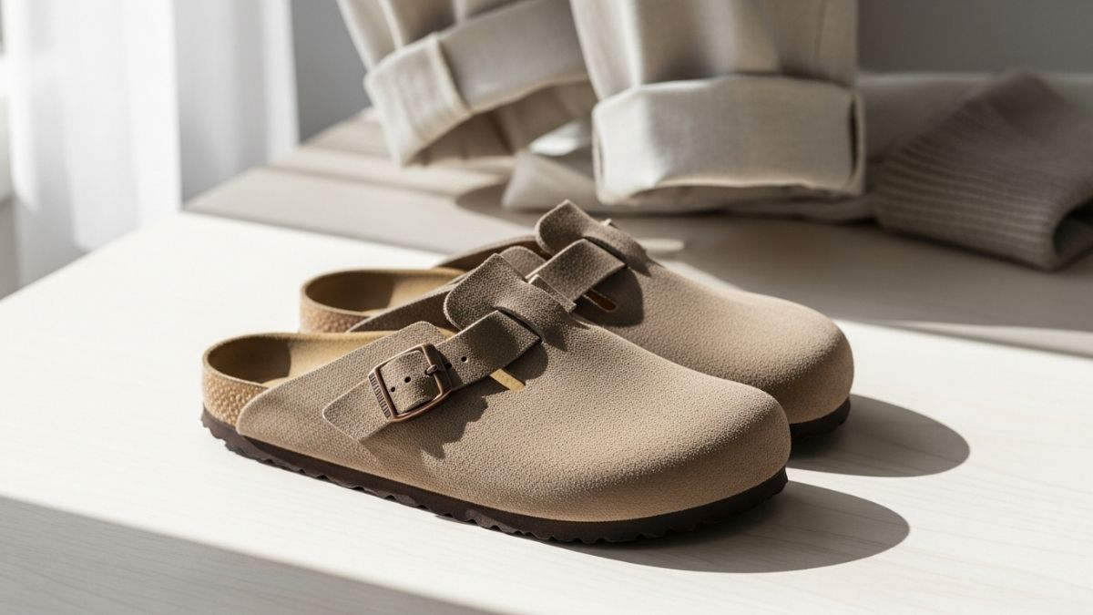 Birkenstock Boston Suede Clog shoe in taupe color displayed on neutral background