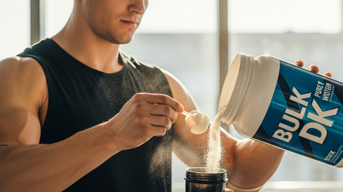 Bulk Pure Whey Protein Powder container with multiple flavor options displayed