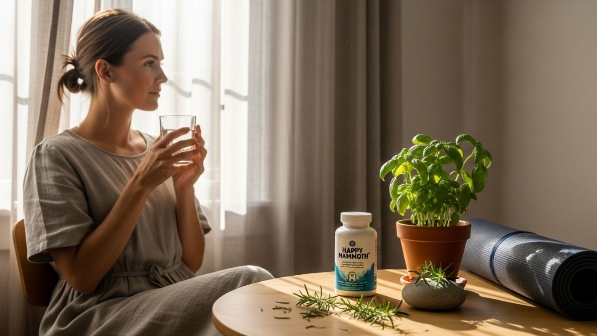 Happy Mammoth Hormone Harmony supplement bottle with adaptogenic herbs and natural ingredients displayed