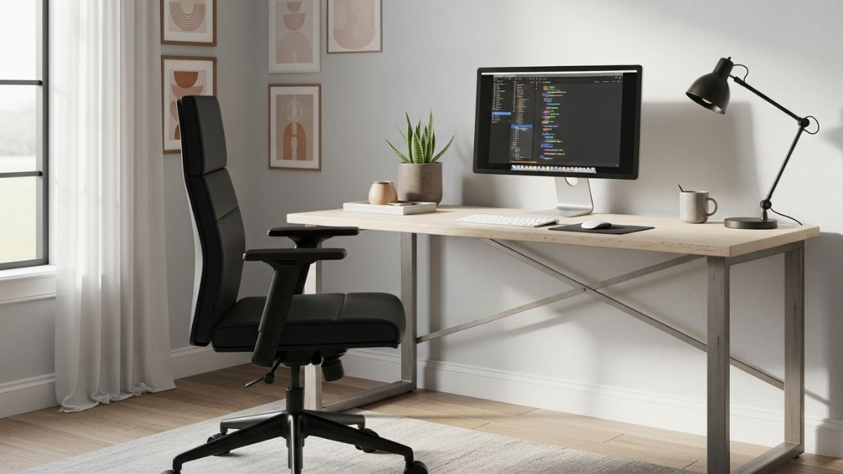 Michele Vegan Leather Task Chair in modern home office workspace with professional aesthetic