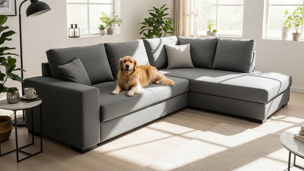 Hulala Home 127 inch modular sectional sofa in beige chenille fabric with storage compartments