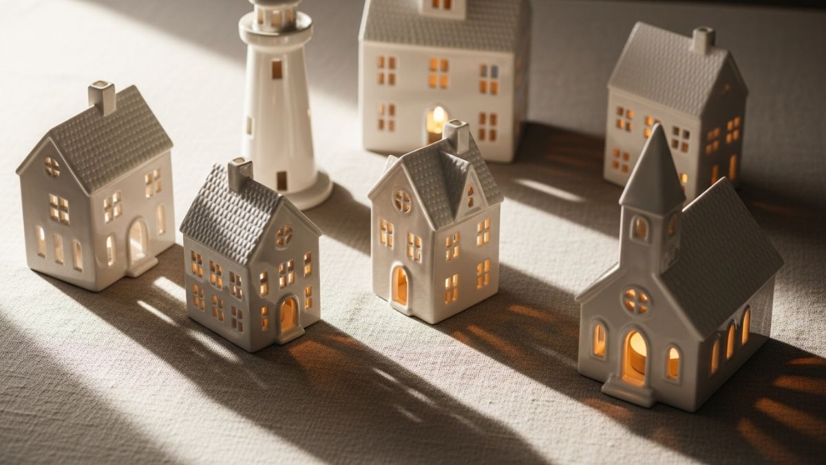 Illuminated white porcelain Räder Lichthaus miniature village houses with tealights glowing inside