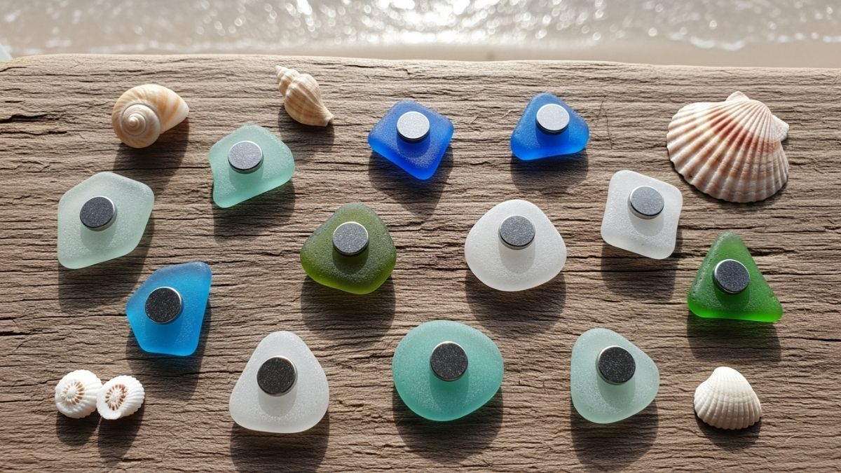 Colorful maritime glass magnets with coastal designs displayed on refrigerator