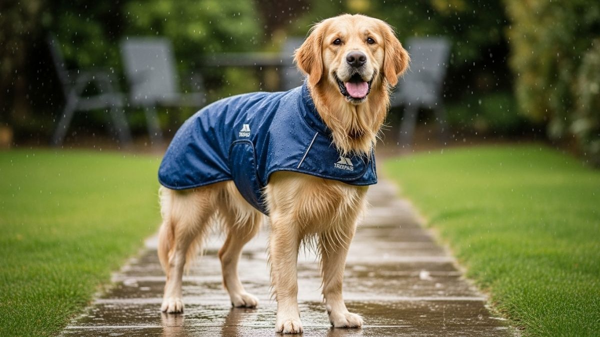 Trespaws waterproof dog coat on active dog during rainy outdoor walk