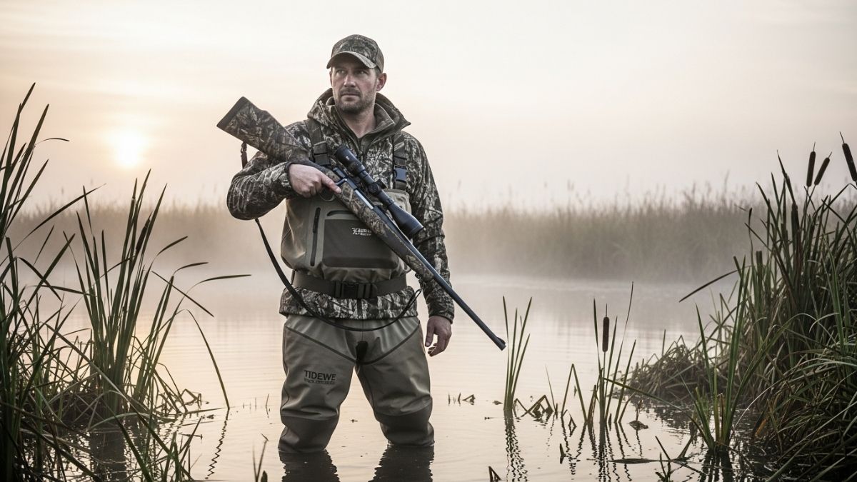 Tidewe waterproof insulated hunting waders displayed in marsh water during cold weather hunting season
