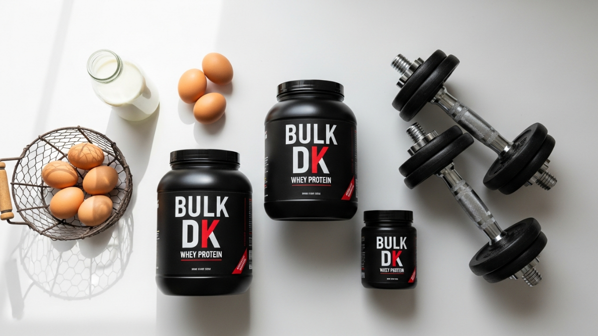Bulk Pure Whey Protein Powder container displayed with measuring scoop and shaker bottle