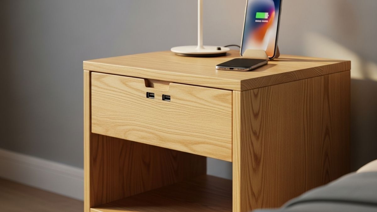 Pale Oak 3-drawer nightstand with USB charging ports and black hardware