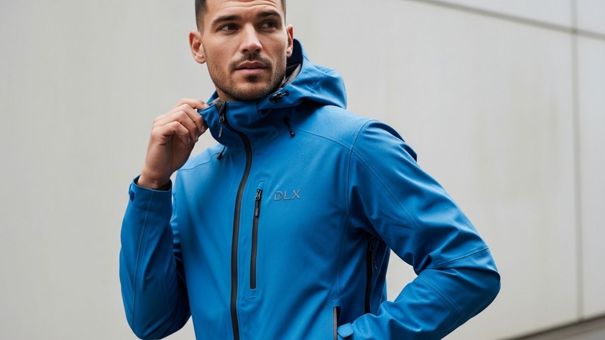 Trespass DLX Oswalt waterproof jacket displayed on outdoor hiking trail