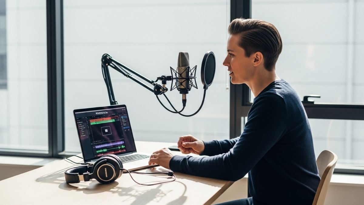 Riverside.fm remote podcast and video recording platform interface showing multi-track recording and AI editing features