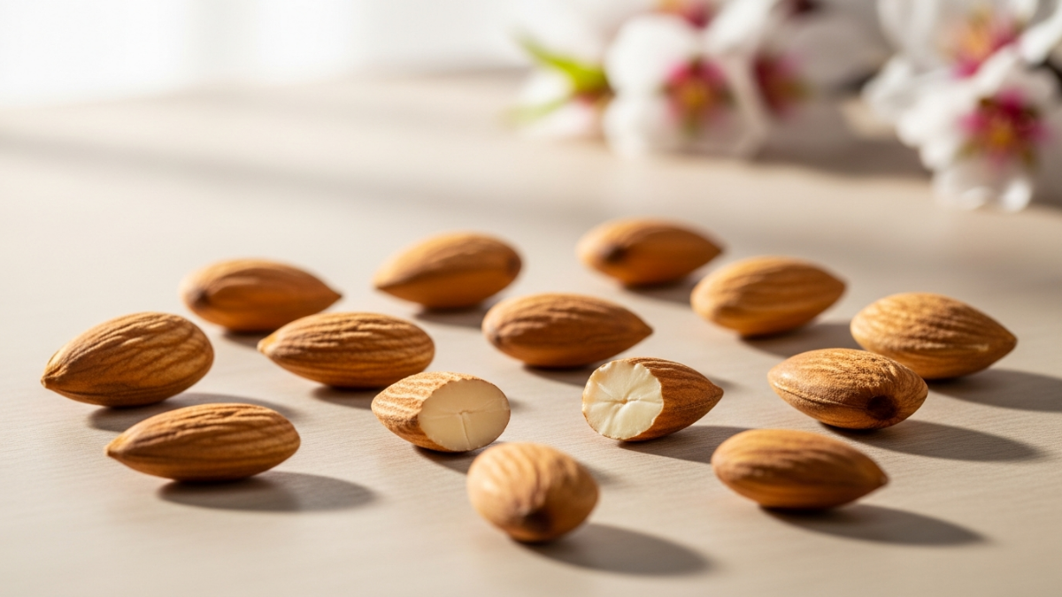 Kamelur Premium Bio Mandeln organic almonds in wooden bowl with natural lighting