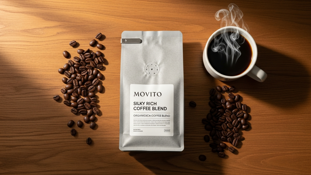 Movito Silky Rich Organic Coffee Blend bag with chocolate and earthy flavor notes displayed