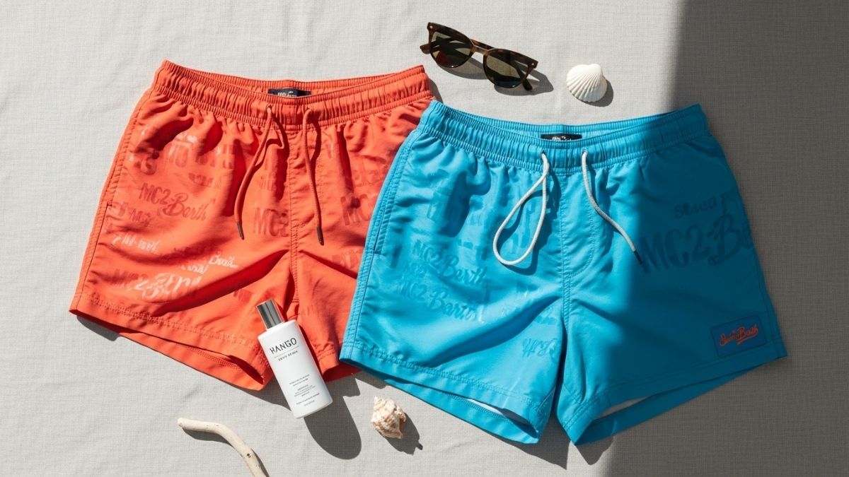 MC2 Saint Barth men's swim shorts displaying vibrant tropical prints and Italian design craftsmanship