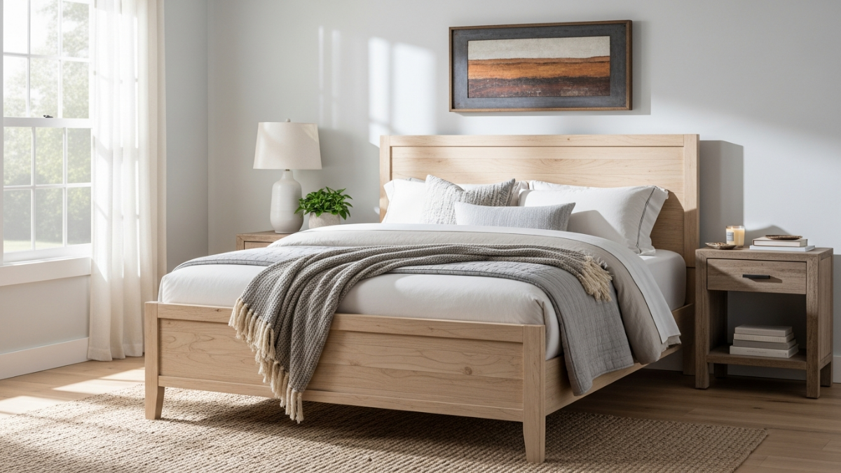 Modern Farmhouse bedroom featuring Riverside Furniture Davie Queen Panel Bed with Pale Oak finish
